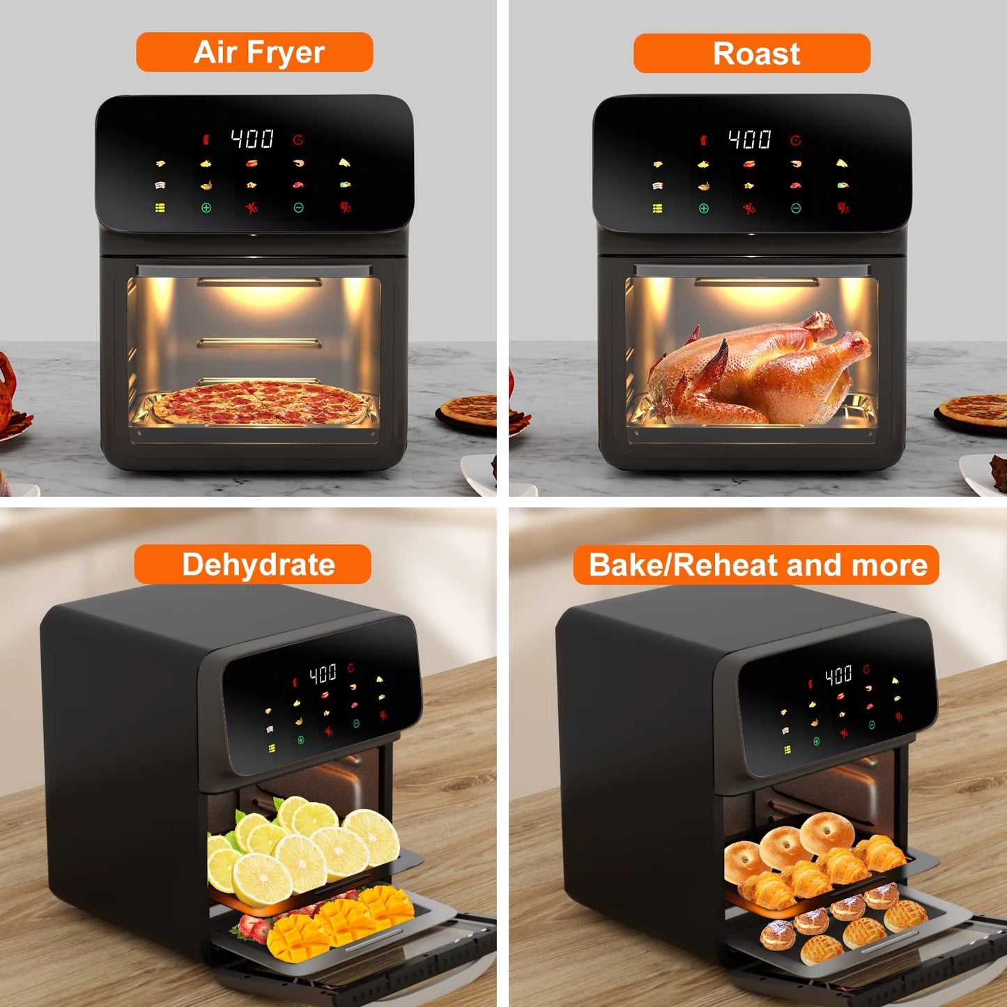Air Fryer 12QT Convection Oven with 10-In-1 Multi Function, Visible Window and Touchscreen, Black.