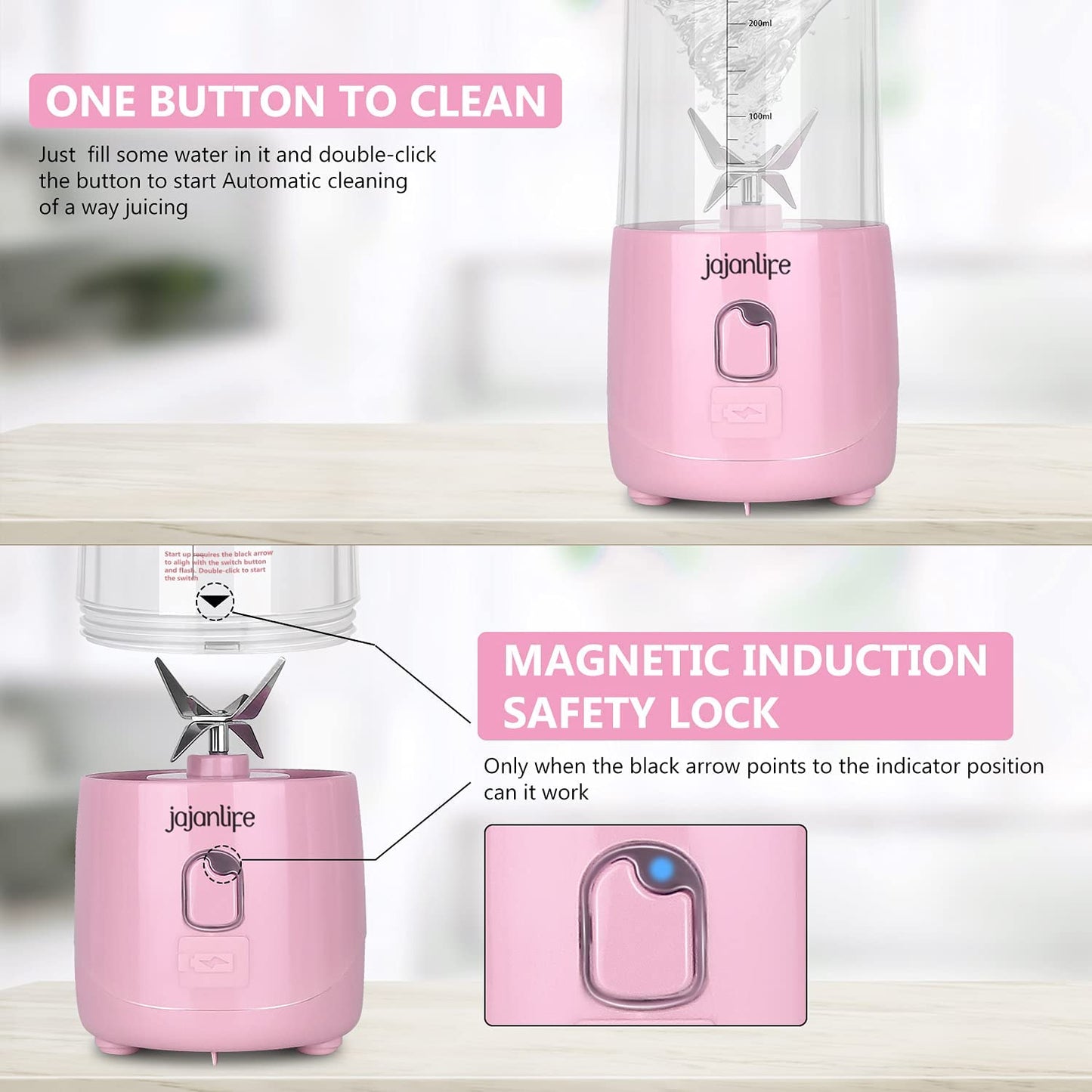 Portable Blender Personal Size Blender for Shakes and Smoothies 4000Mah Rechargeable Mini Travel Blender with 3D Six Blades 13.5Oz Fruit Mixer Cup for Home, Sports, Outdoor (Pink).