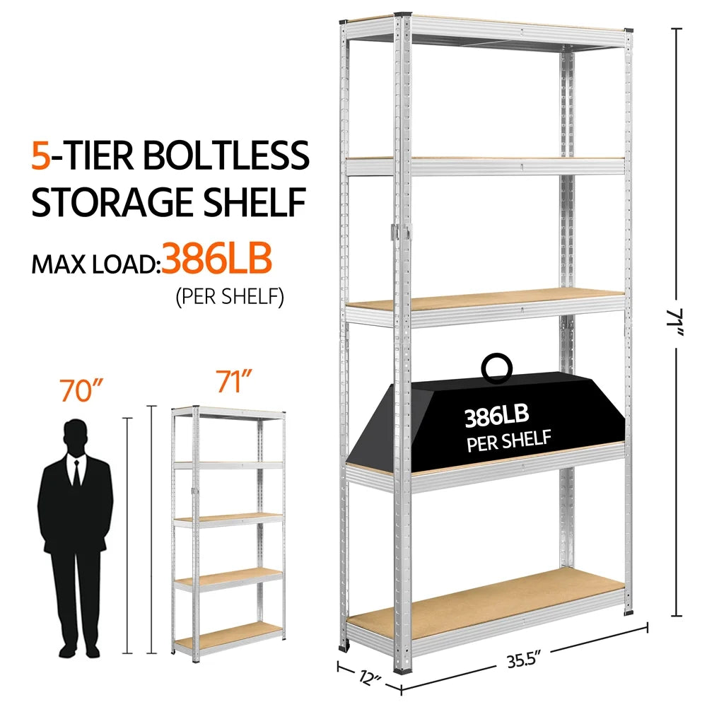 2PCS 5 Tiers Adjustable Storage Shelf Units for Garage, Silver.