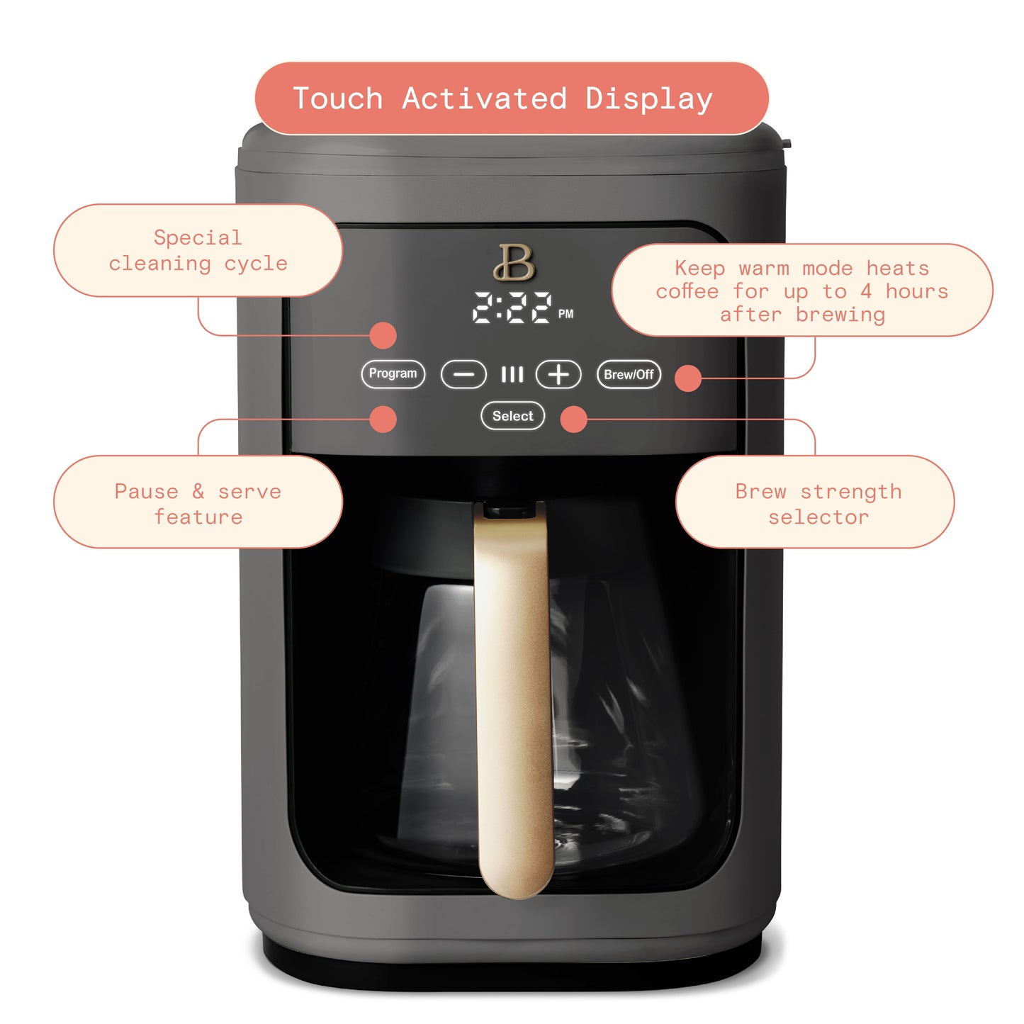 14-Cup Programmable Drip Coffee Maker with Touch-Activated Display, Oyster Grey by Drew Barrymore.