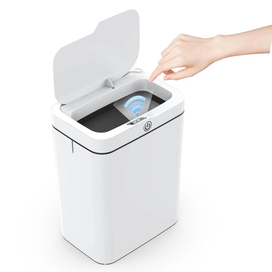 Automatic Bathroom Trash Can with Lid, 3.95 Gallon Touchless Trash Bin, Smart Plastic Slim Garbage Can Small White Wastebasket for Bedroom, Bathroom, Office, Living Room, Toilet, RV.