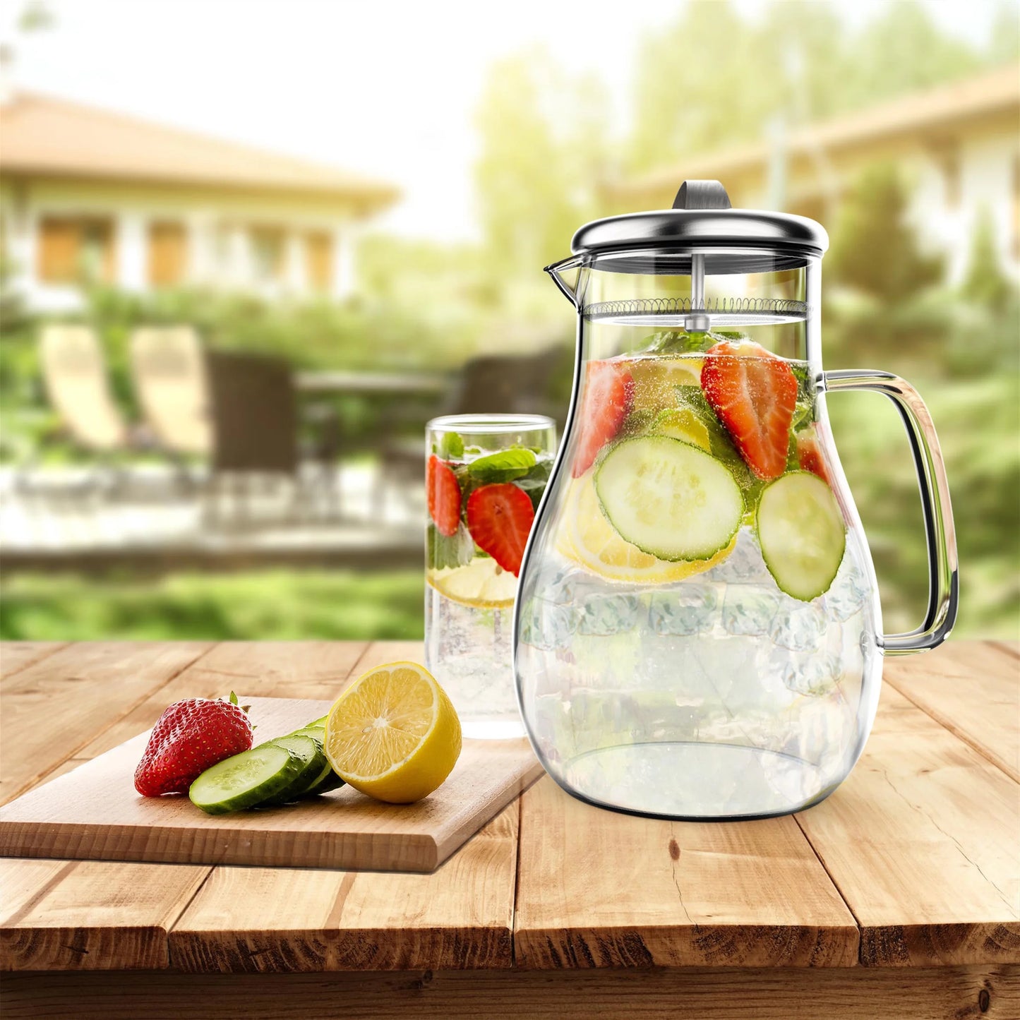 64Oz Hot, Cold Glass Pitcher Carafe with Stainless Steel Filter Lid by.