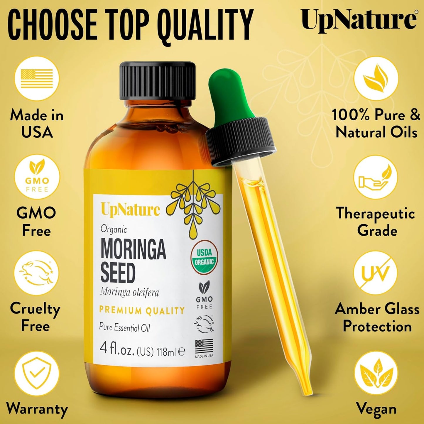 Moringa Oil Organic 4 OZ – USDA Certified Organic Moringa Seeds Oil - Moringa Oil for Face, Moringa Oleifera for Hair Growth - Therapeutic Grade, Undiluted, Non-Gmo.