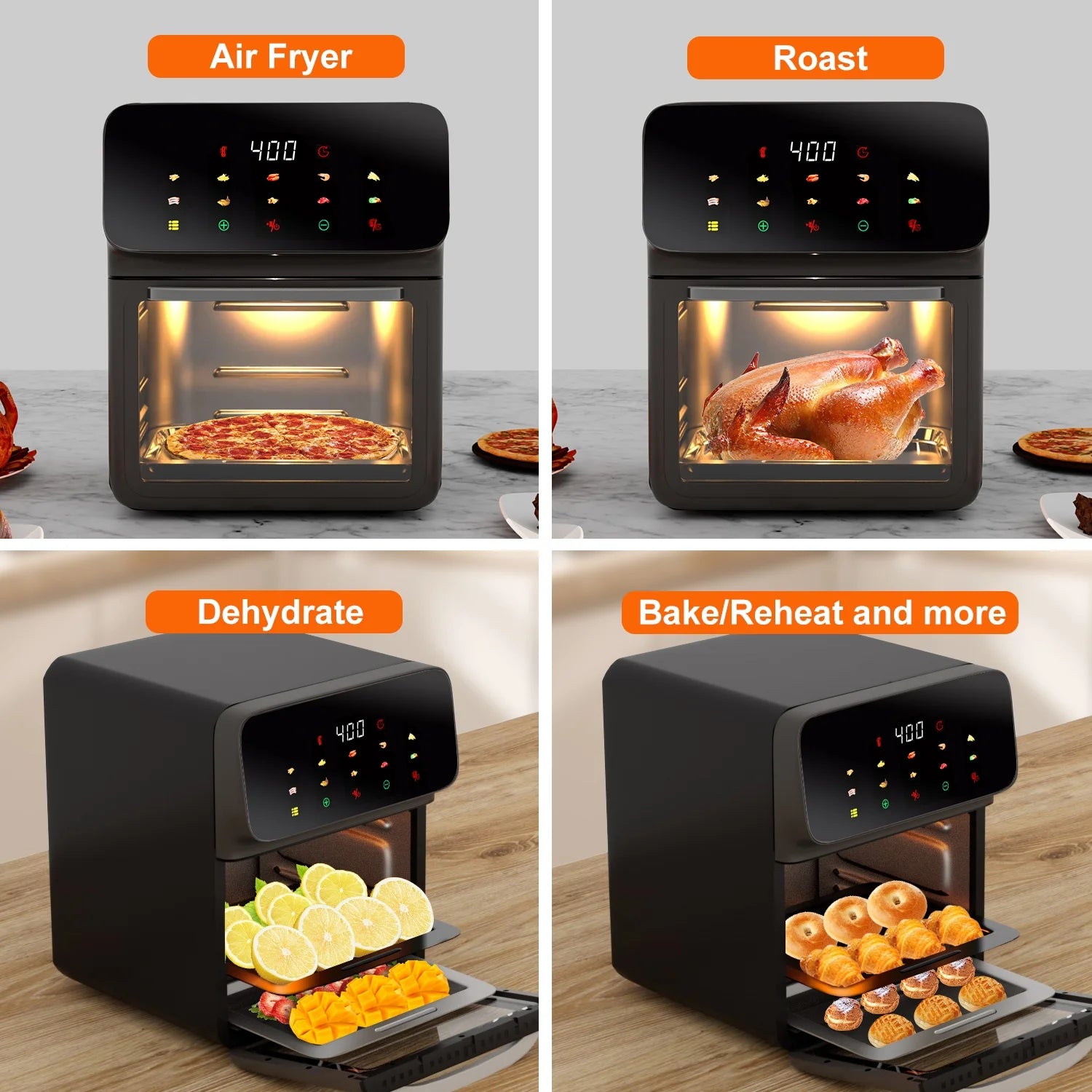 Air Fryer 12QT Convection Oven with 10-In-1 Multi Function, Visible Window and Touchscreen, Black.