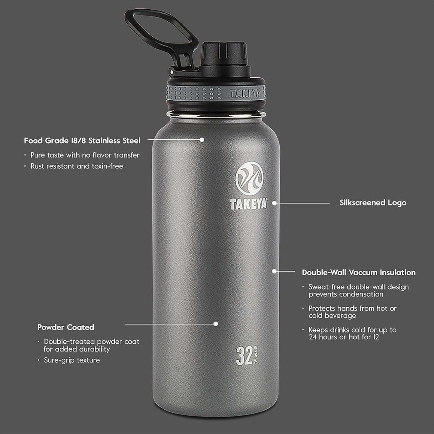 Originals 40 Oz Vacuum Insulated Stainless Steel Water Bottle with Spout Lid, Black.