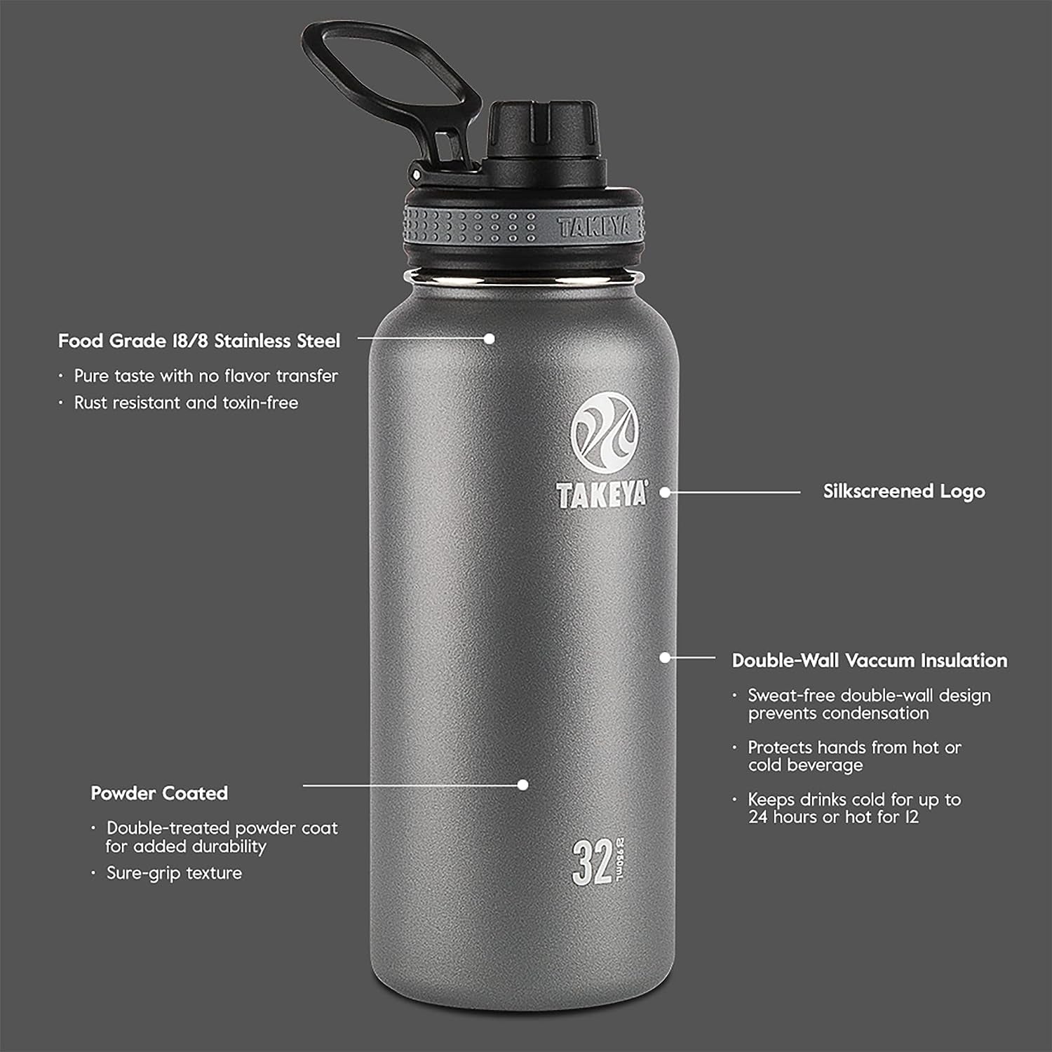 Originals 40 Oz Vacuum Insulated Stainless Steel Water Bottle with Spout Lid, Black.