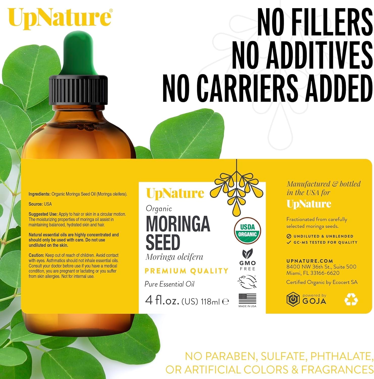 Moringa Oil Organic 4 OZ – USDA Certified Organic Moringa Seeds Oil - Moringa Oil for Face, Moringa Oleifera for Hair Growth - Therapeutic Grade, Undiluted, Non-Gmo.