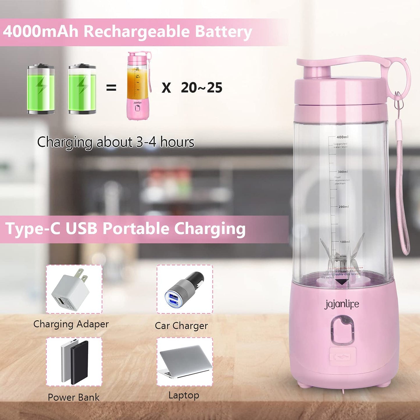 Portable Blender Personal Size Blender for Shakes and Smoothies 4000Mah Rechargeable Mini Travel Blender with 3D Six Blades 13.5Oz Fruit Mixer Cup for Home, Sports, Outdoor (Pink).