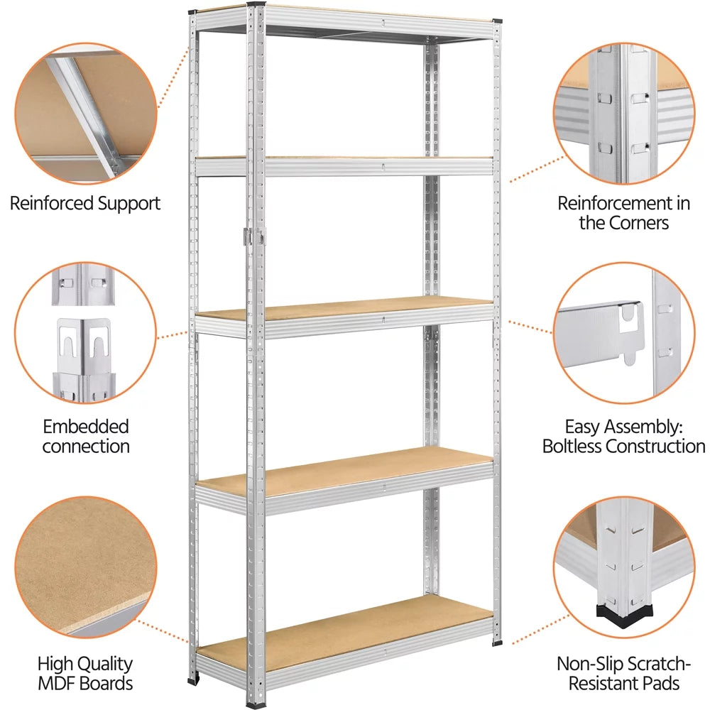 2PCS 5 Tiers Adjustable Storage Shelf Units for Garage, Silver.