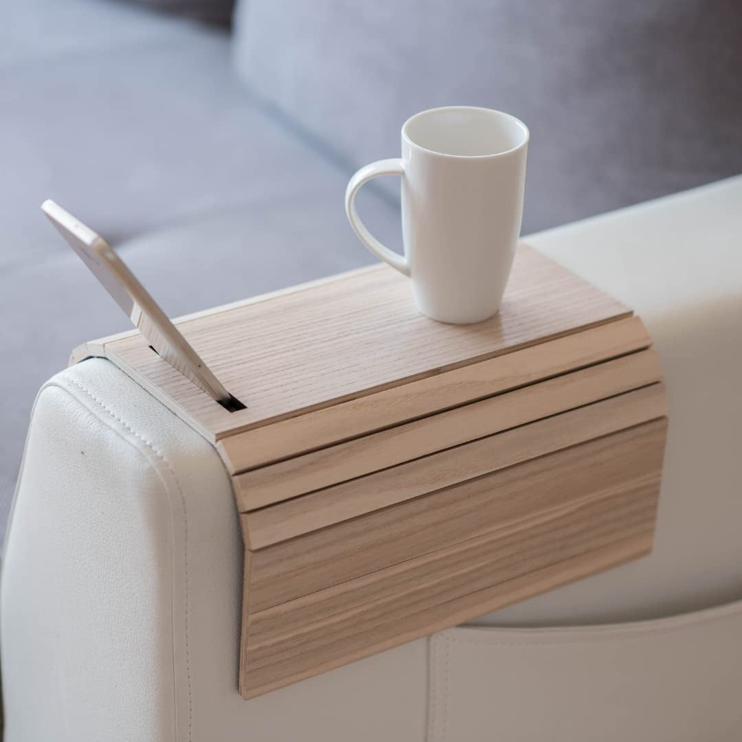 Sofa Arm Tray Table Couch Bedside Wood Coaster Coffee Cup Foldable Armrest Caddy End Protector Folding Living Room Furniture Mat Tv Chair Tables Trays with Phone Holder.