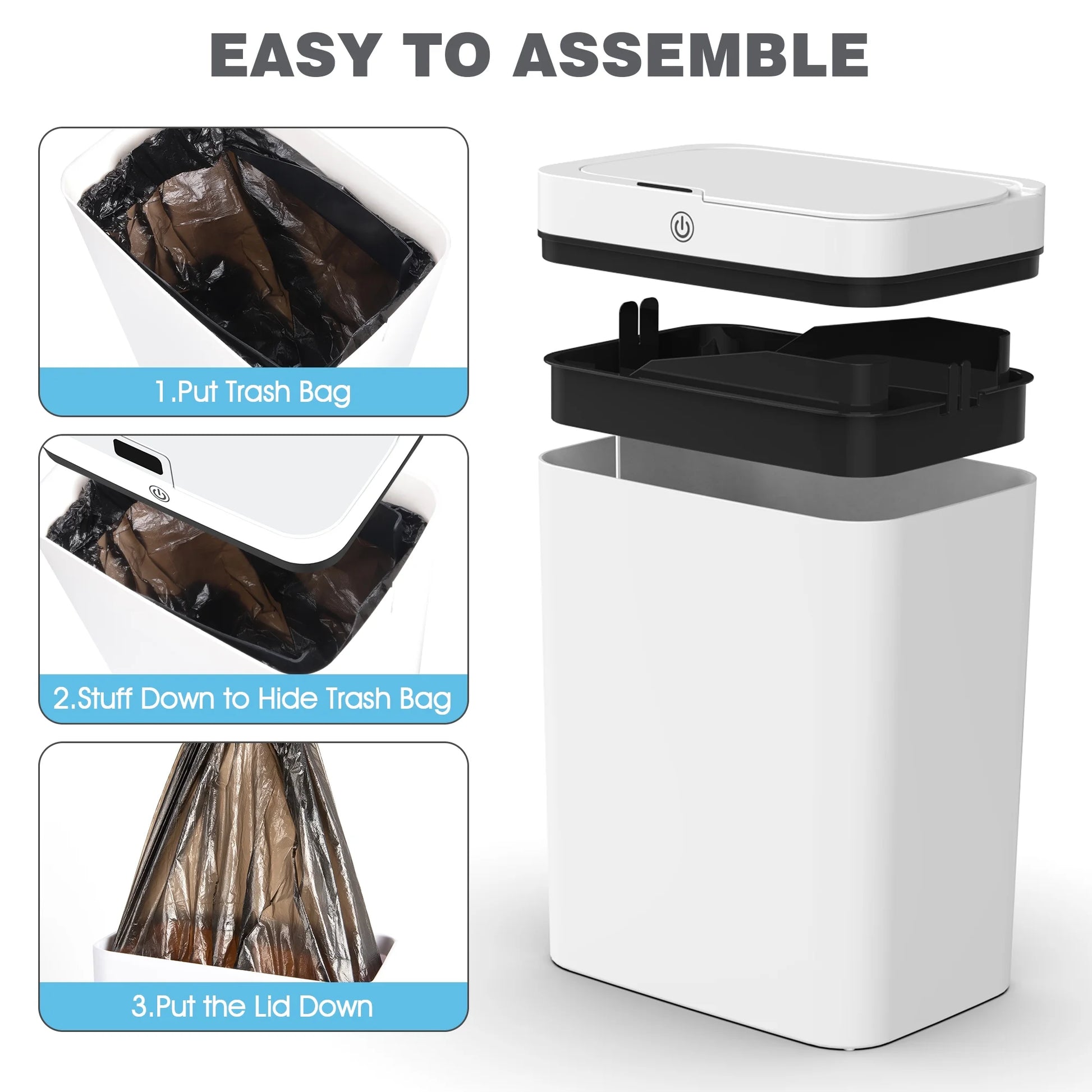 Automatic Bathroom Trash Can with Lid, 3.95 Gallon Touchless Trash Bin, Smart Plastic Slim Garbage Can Small White Wastebasket for Bedroom, Bathroom, Office, Living Room, Toilet, RV.