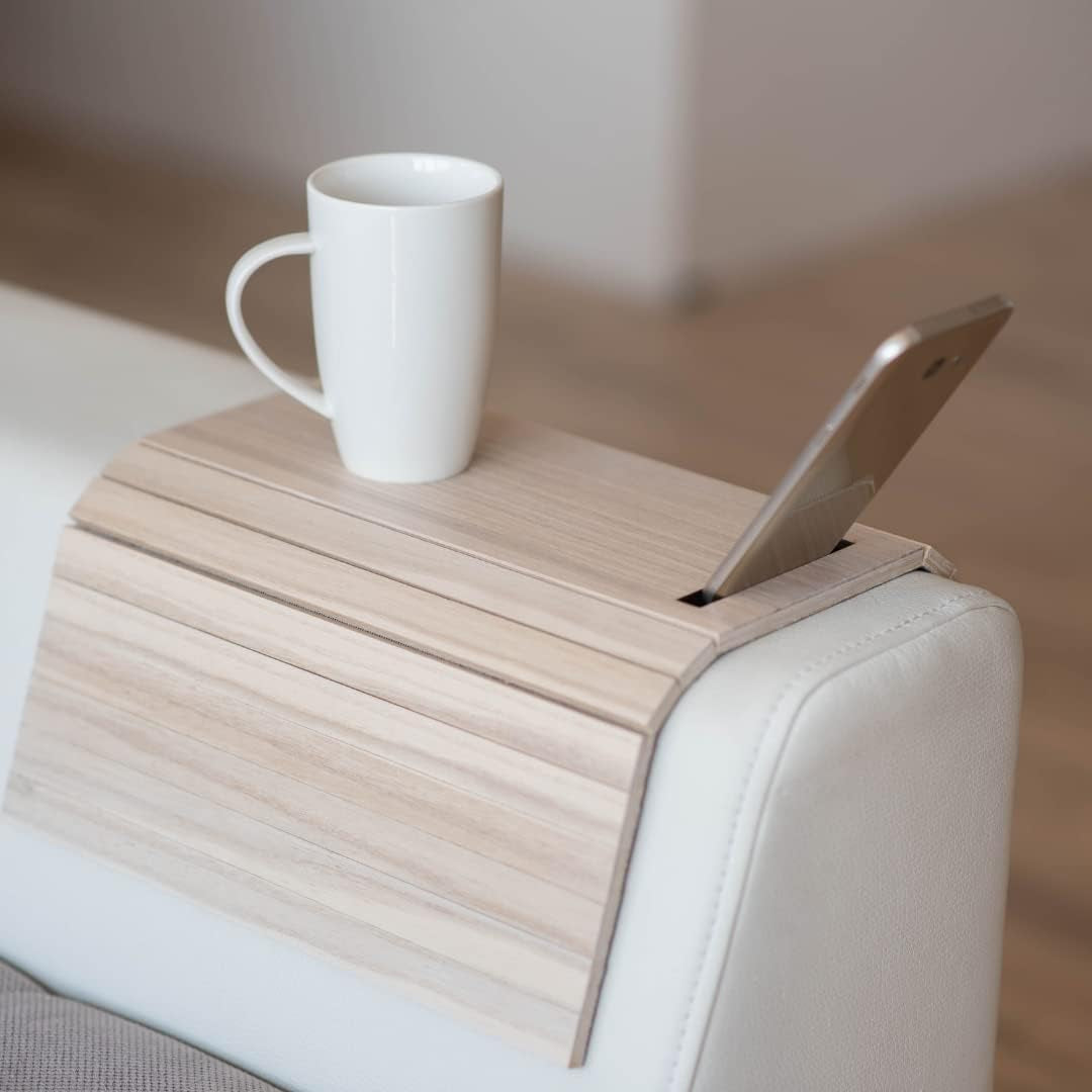 Sofa Arm Tray Table Couch Bedside Wood Coaster Coffee Cup Foldable Armrest Caddy End Protector Folding Living Room Furniture Mat Tv Chair Tables Trays with Phone Holder.
