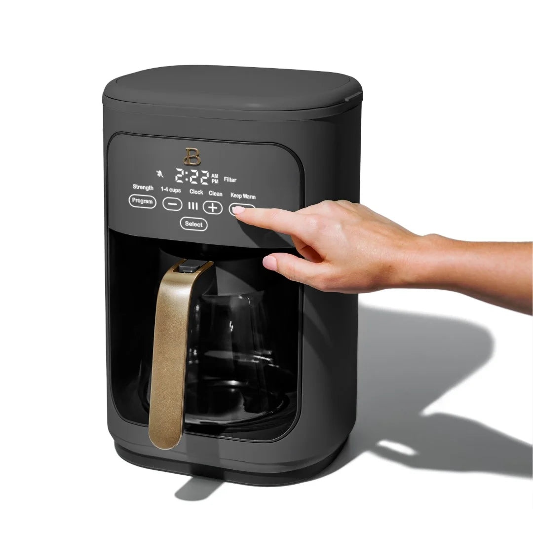 14-Cup Programmable Drip Coffee Maker with Touch-Activated Display, Oyster Grey by Drew Barrymore.