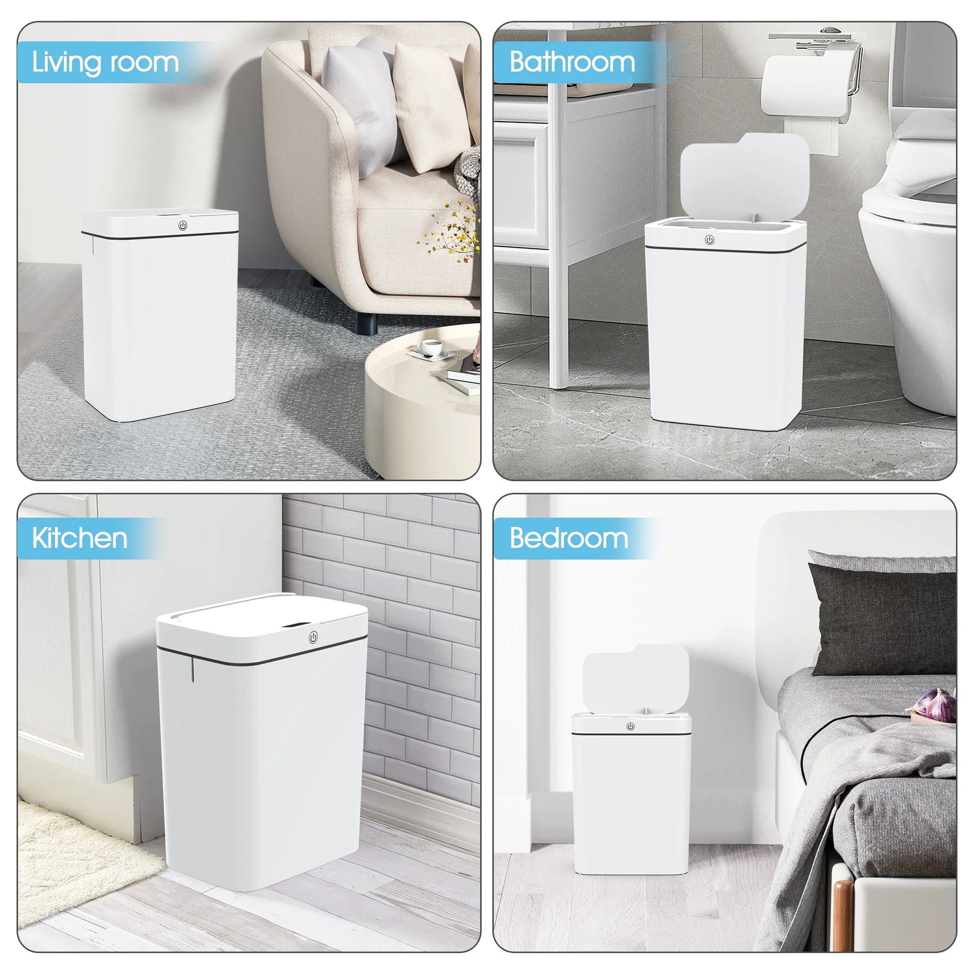 Automatic Bathroom Trash Can with Lid, 3.95 Gallon Touchless Trash Bin, Smart Plastic Slim Garbage Can Small White Wastebasket for Bedroom, Bathroom, Office, Living Room, Toilet, RV.