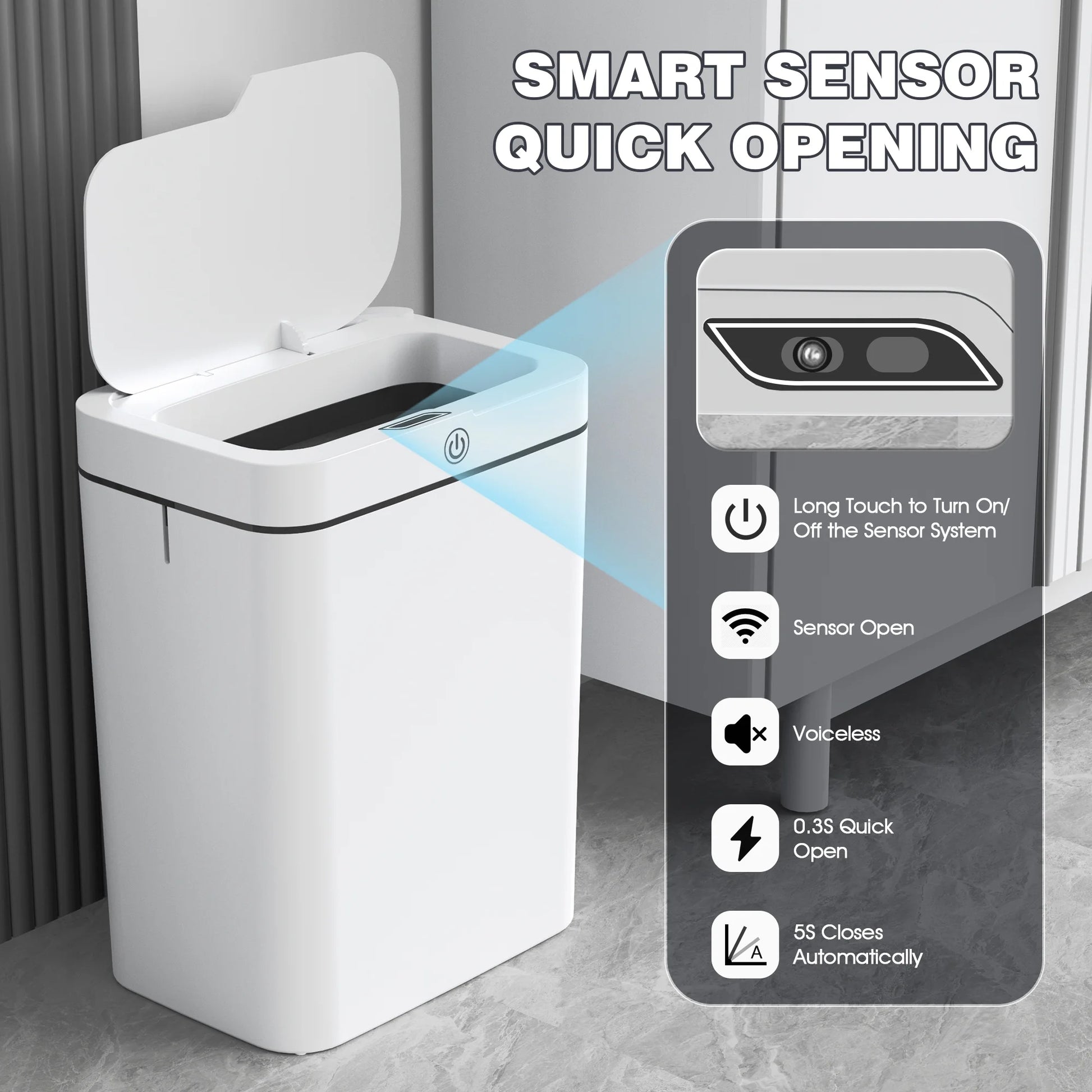 Automatic Bathroom Trash Can with Lid, 3.95 Gallon Touchless Trash Bin, Smart Plastic Slim Garbage Can Small White Wastebasket for Bedroom, Bathroom, Office, Living Room, Toilet, RV.
