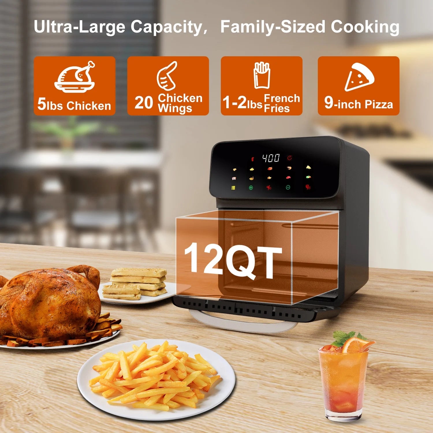 Air Fryer 12QT Convection Oven with 10-In-1 Multi Function, Visible Window and Touchscreen, Black.