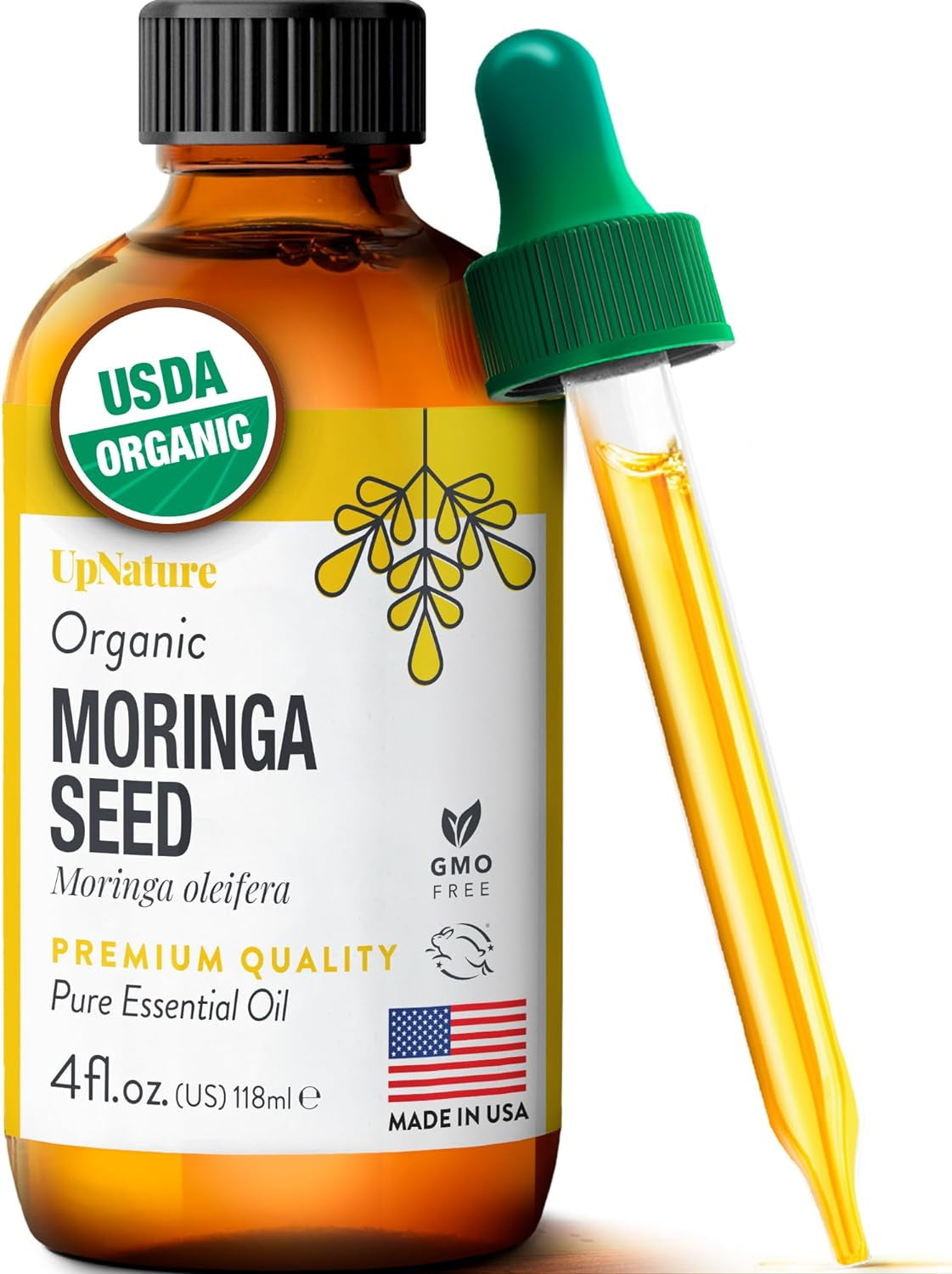 Moringa Oil Organic 4 OZ – USDA Certified Organic Moringa Seeds Oil - Moringa Oil for Face, Moringa Oleifera for Hair Growth - Therapeutic Grade, Undiluted, Non-Gmo.
