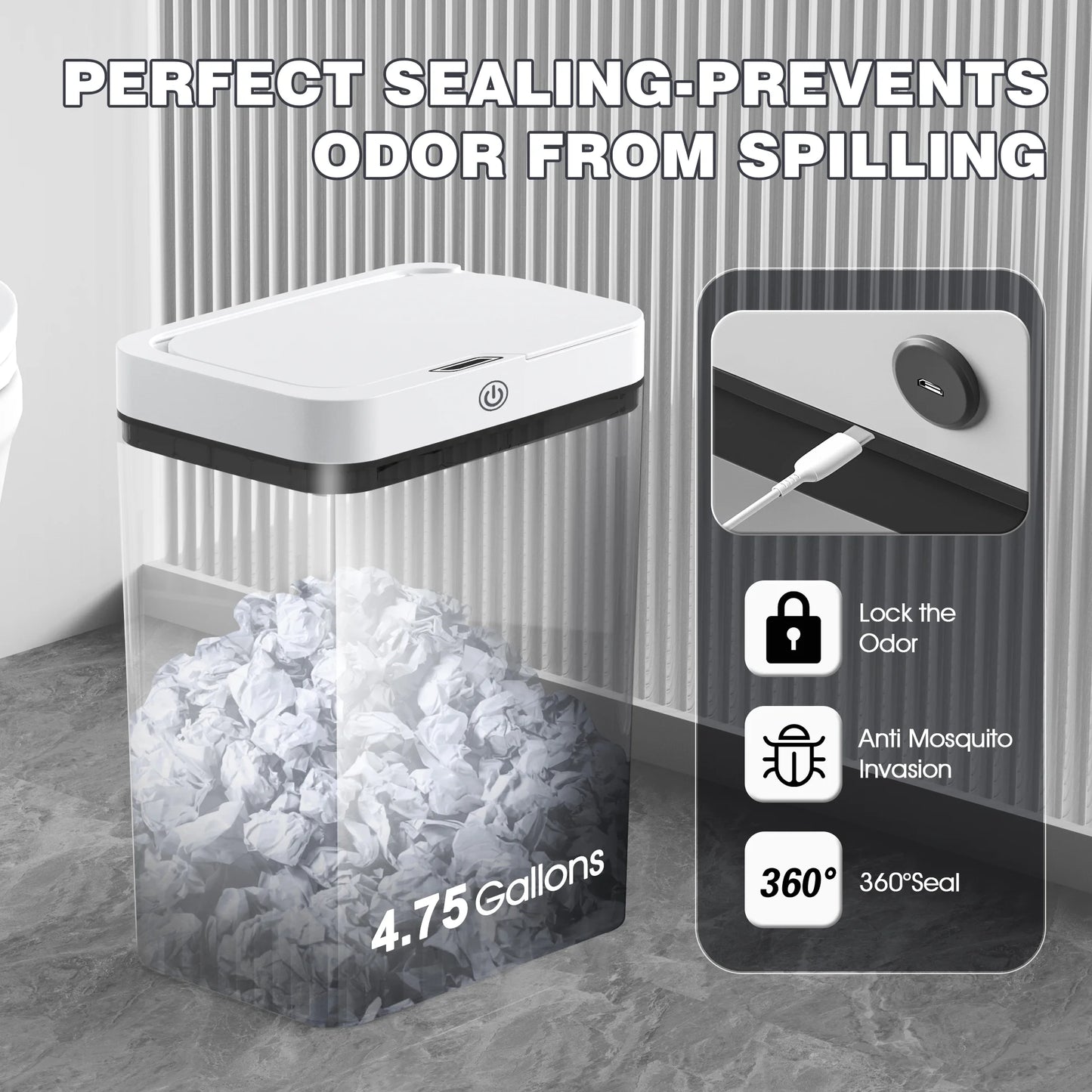 Automatic Bathroom Trash Can with Lid, 3.95 Gallon Touchless Trash Bin, Smart Plastic Slim Garbage Can Small White Wastebasket for Bedroom, Bathroom, Office, Living Room, Toilet, RV.