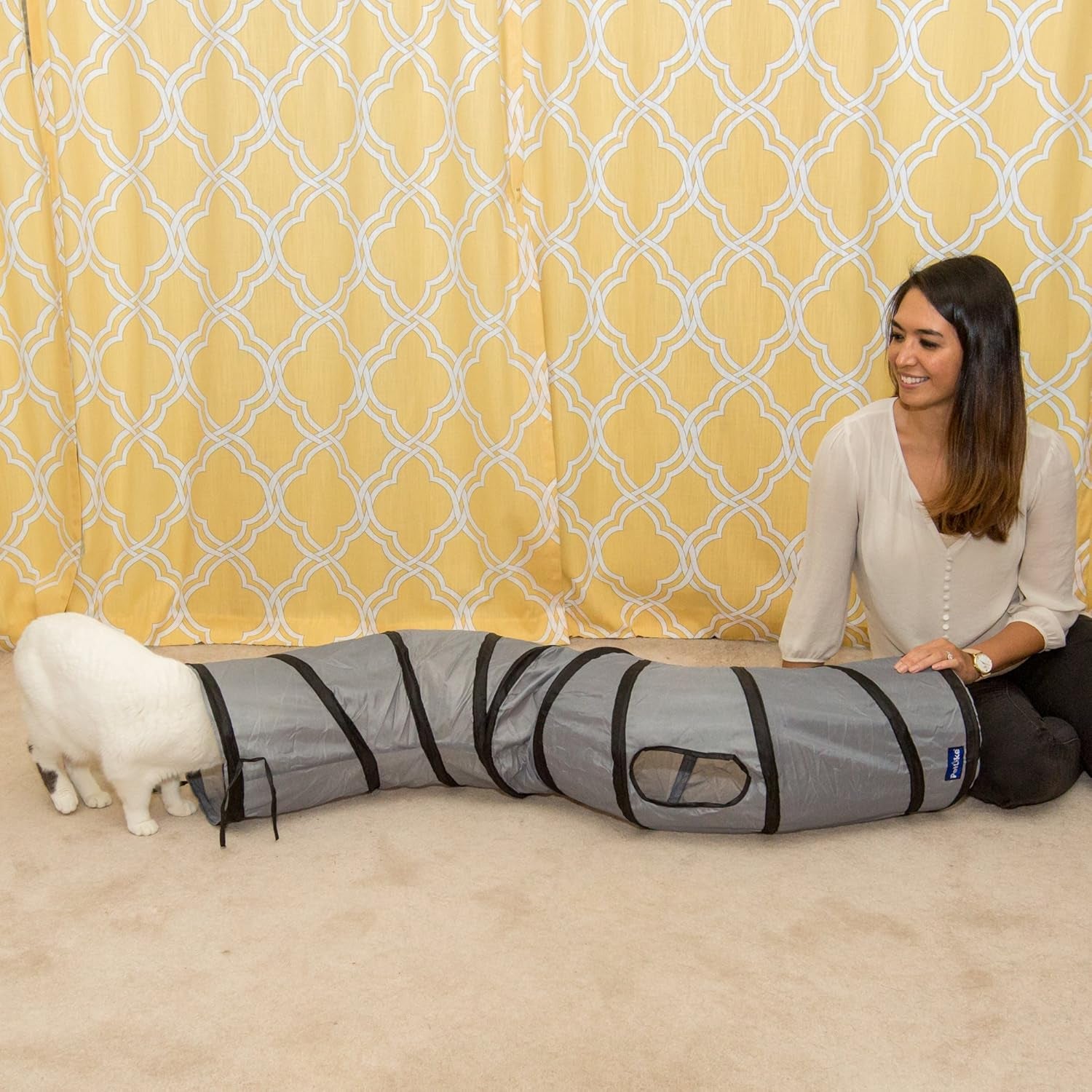 S Way Collapsible Cat Tunnel - Grey Pop-Up Hideaway Play Tube with Ball.