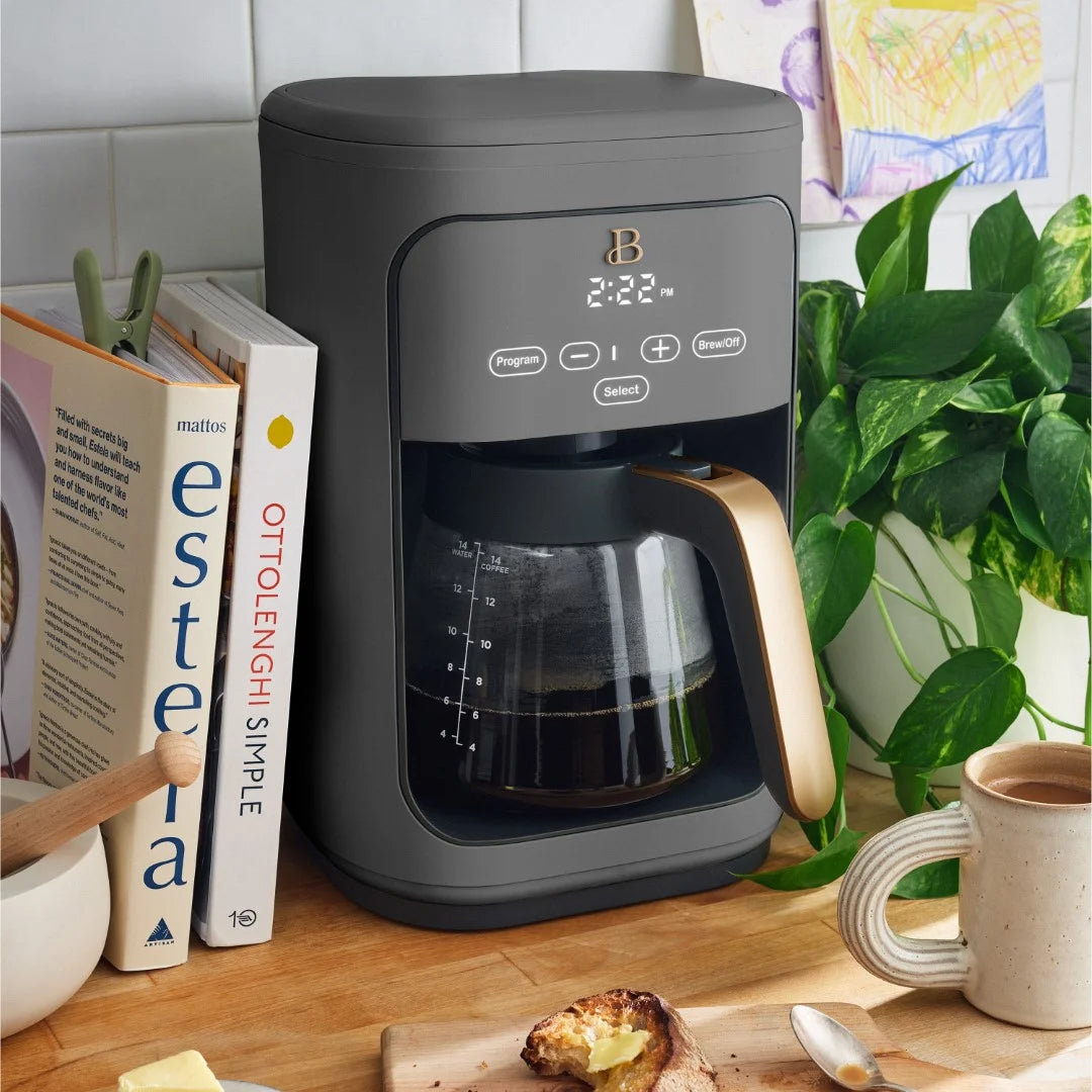 14-Cup Programmable Drip Coffee Maker with Touch-Activated Display, Oyster Grey by Drew Barrymore.