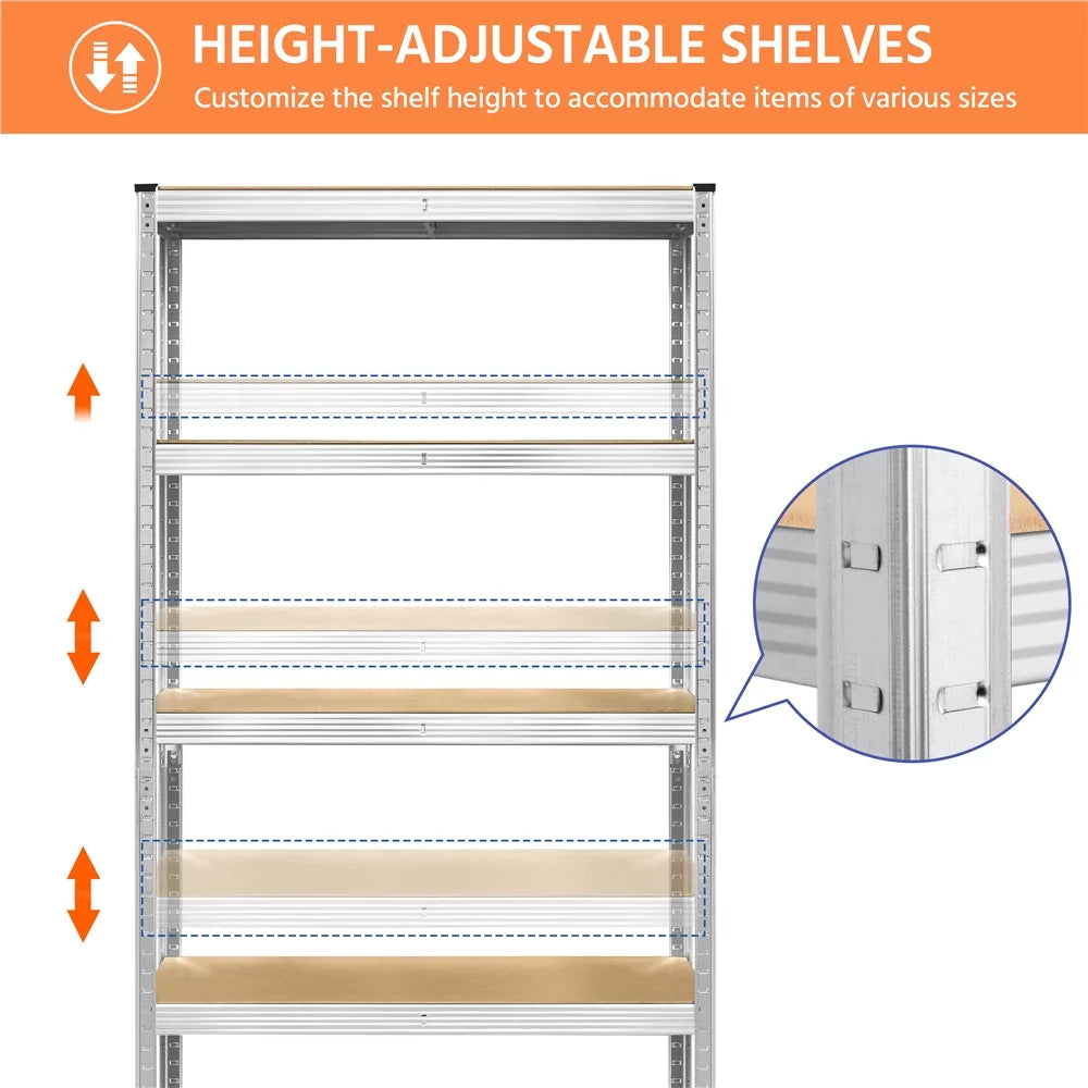 2PCS 5 Tiers Adjustable Storage Shelf Units for Garage, Silver.