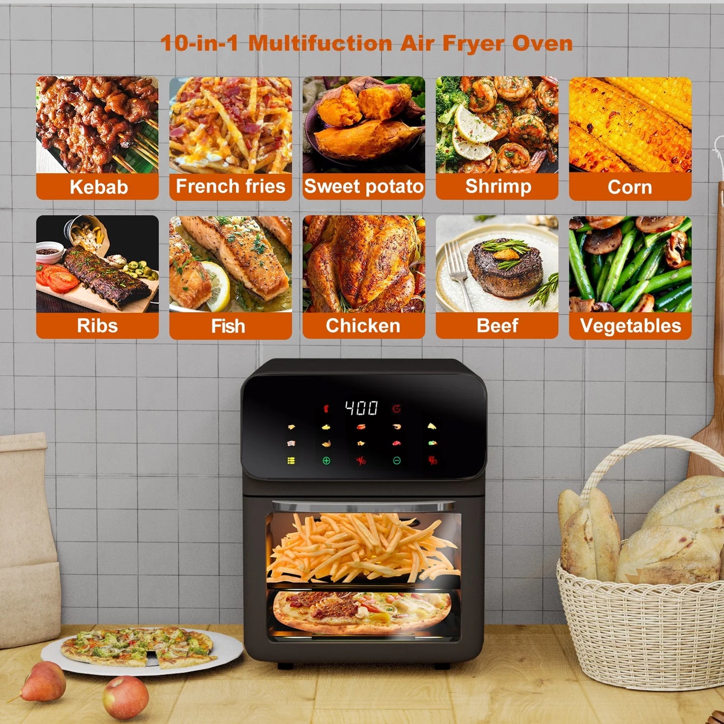 Air Fryer 12QT Convection Oven with 10-In-1 Multi Function, Visible Window and Touchscreen, Black.
