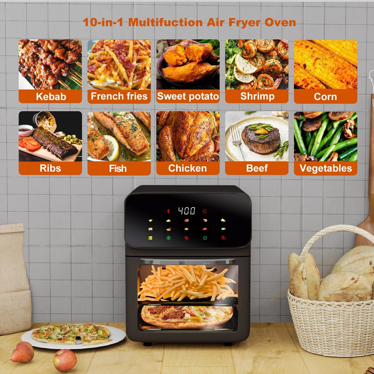 Air Fryer 12QT Convection Oven with 10-In-1 Multi Function, Visible Window and Touchscreen, Black.