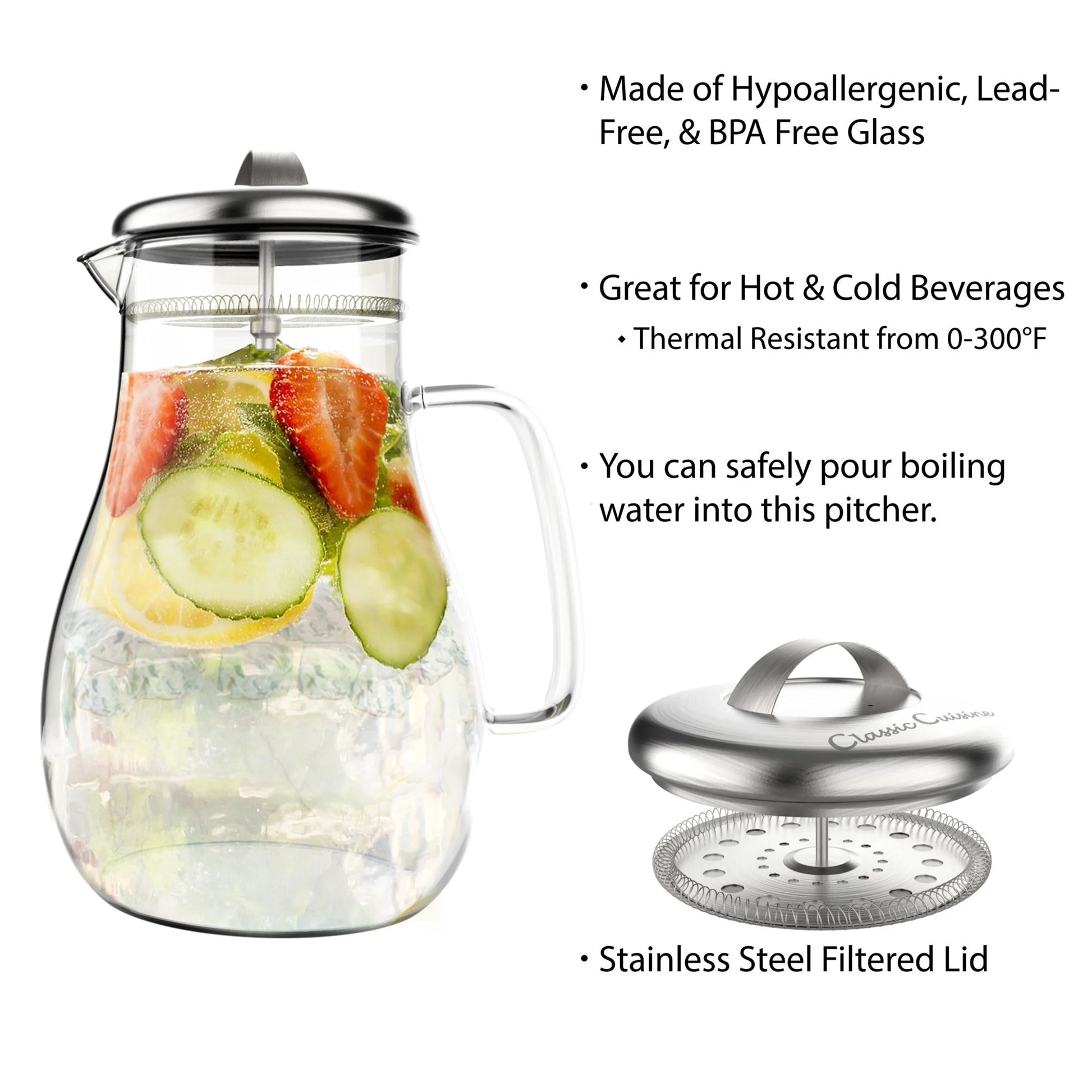 64Oz Hot, Cold Glass Pitcher Carafe with Stainless Steel Filter Lid by.