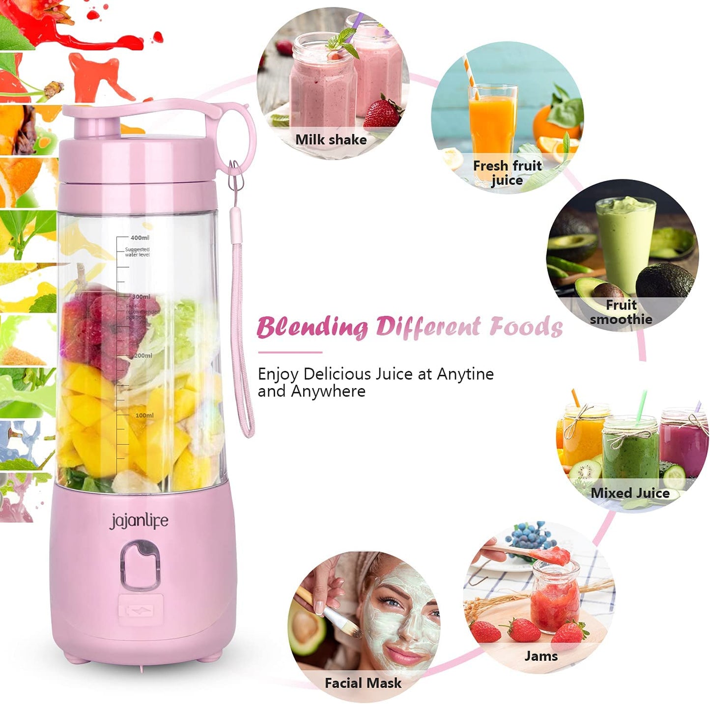 Portable Blender Personal Size Blender for Shakes and Smoothies 4000Mah Rechargeable Mini Travel Blender with 3D Six Blades 13.5Oz Fruit Mixer Cup for Home, Sports, Outdoor (Pink).