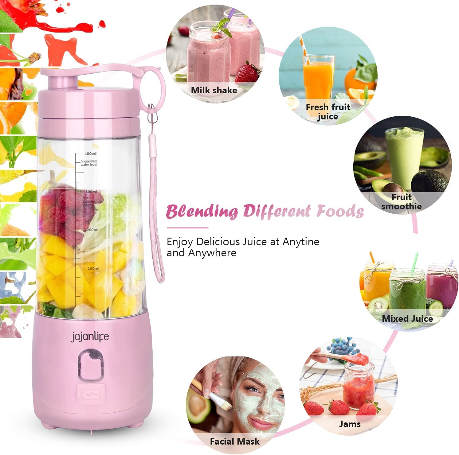 Portable Blender Personal Size Blender for Shakes and Smoothies 4000Mah Rechargeable Mini Travel Blender with 3D Six Blades 13.5Oz Fruit Mixer Cup for Home, Sports, Outdoor (Pink).
