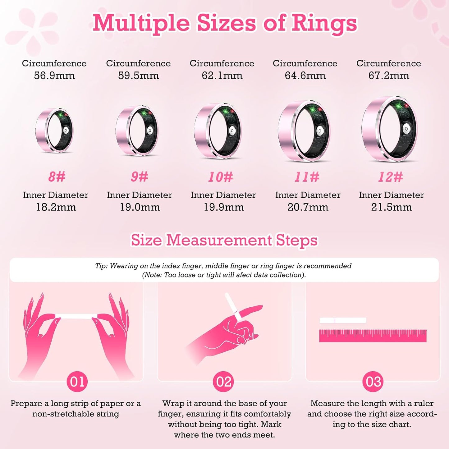 Light Pink Smart Ring Health Tracker - Waterproof Fitness Ring with Heart Rate & Sleep Monitoring, Activity Tracking, Air Gestures, 7-Day Battery for iOS & Android.