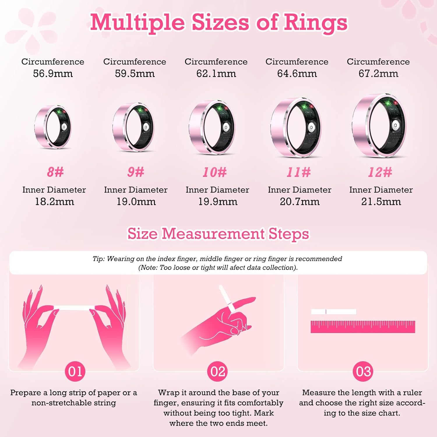 Light Pink Smart Ring Health Tracker - Waterproof Fitness Ring with Heart Rate & Sleep Monitoring, Activity Tracking, Air Gestures, 7-Day Battery for iOS & Android.