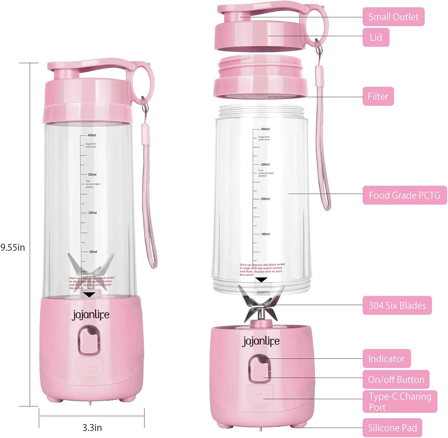 Portable Blender Personal Size Blender for Shakes and Smoothies 4000Mah Rechargeable Mini Travel Blender with 3D Six Blades 13.5Oz Fruit Mixer Cup for Home, Sports, Outdoor (Pink).