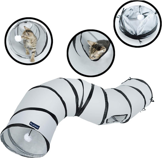 S Way Collapsible Cat Tunnel - Grey Pop-Up Hideaway Play Tube with Ball.