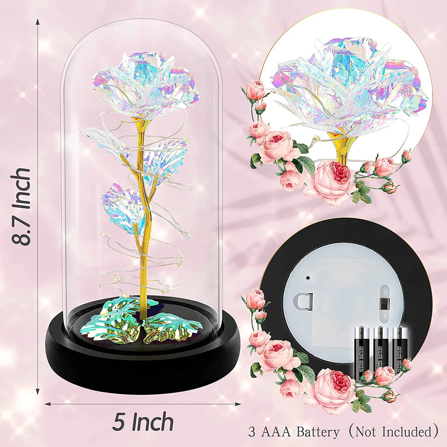 Roses Gifts for Women, Mom Birthday Gifts, Colorful Artificial Flower Rose Light Gift in a Glass Dome, Gifts for Daughter Women Mom Rose Gifts for Mothers Day, Valentines Day, Anniversary.