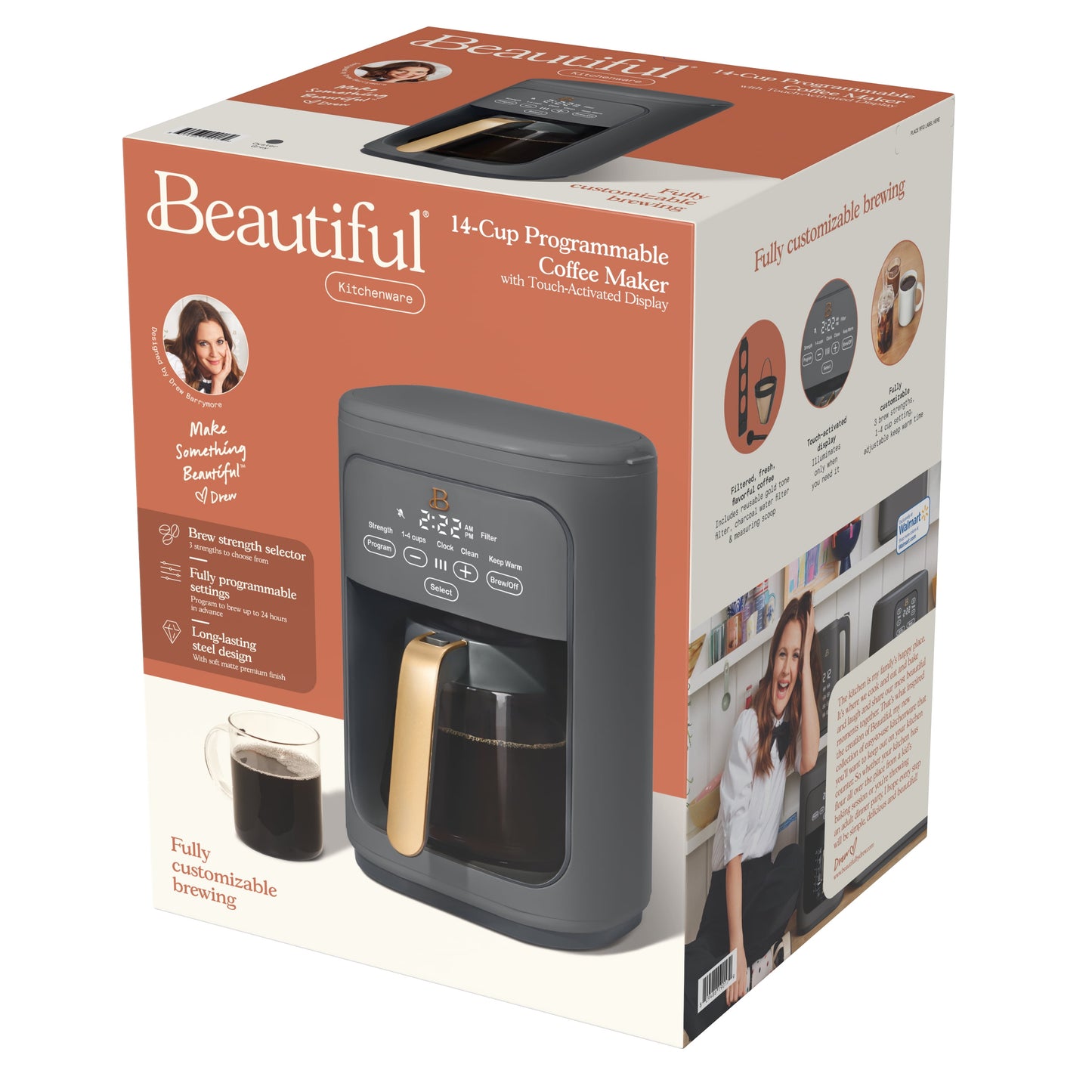 14-Cup Programmable Drip Coffee Maker with Touch-Activated Display, Oyster Grey by Drew Barrymore.