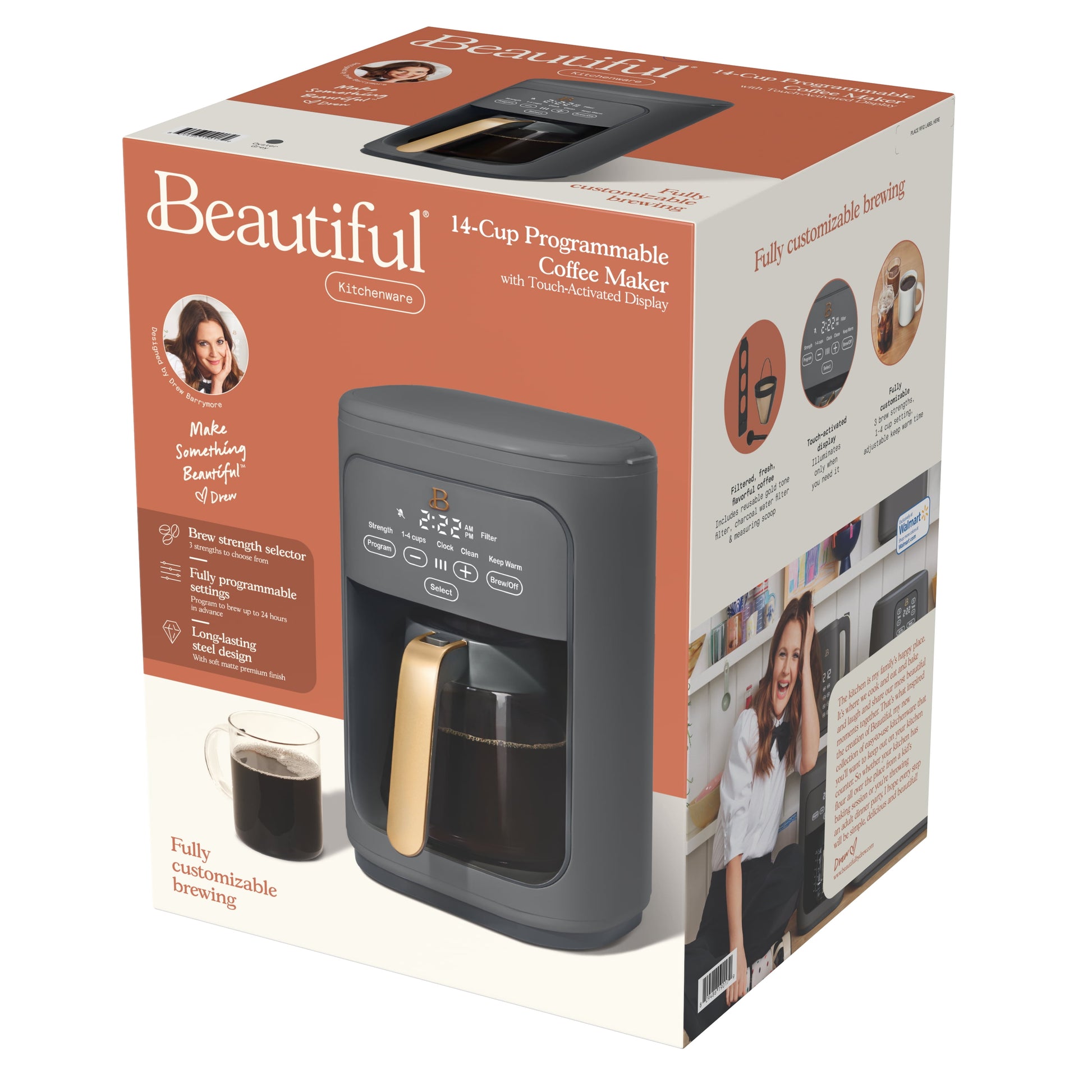14-Cup Programmable Drip Coffee Maker with Touch-Activated Display, Oyster Grey by Drew Barrymore.