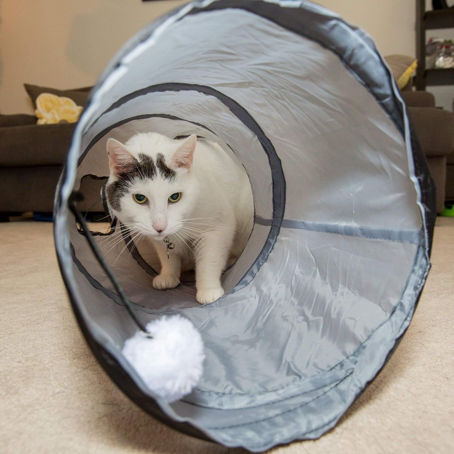 S Way Collapsible Cat Tunnel - Grey Pop-Up Hideaway Play Tube with Ball.